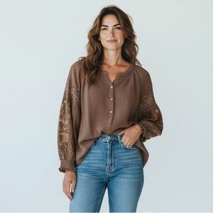 Wrap London – Embroidered Cotton Linen Blouse – Brown